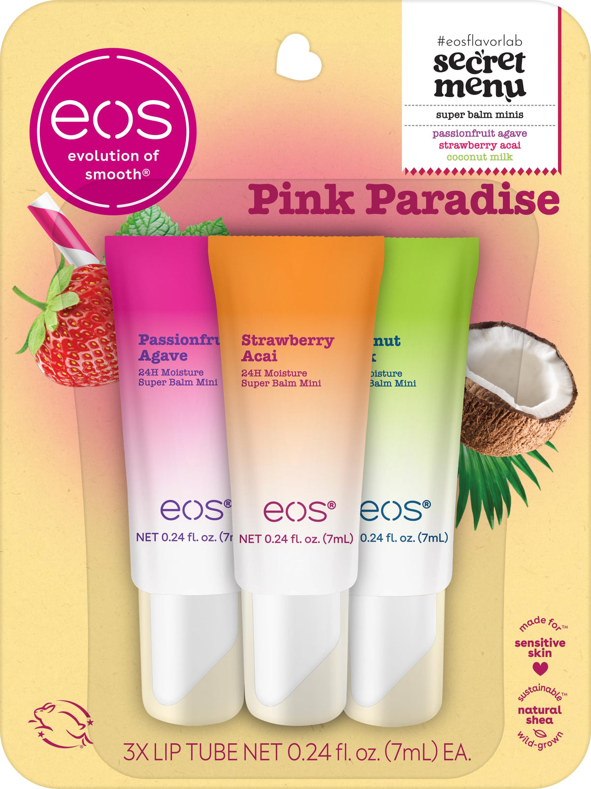 eos Pink Paradise front-packaging trio showing flavors and compact design for easy storage