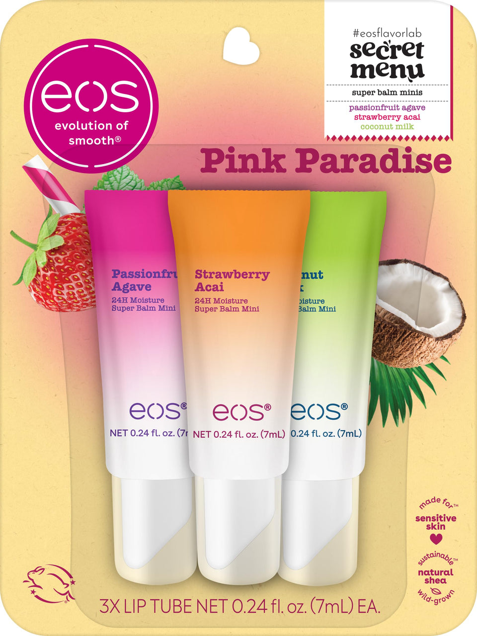 eos Pink Paradise front-packaging trio showing flavors and compact design for easy storage
