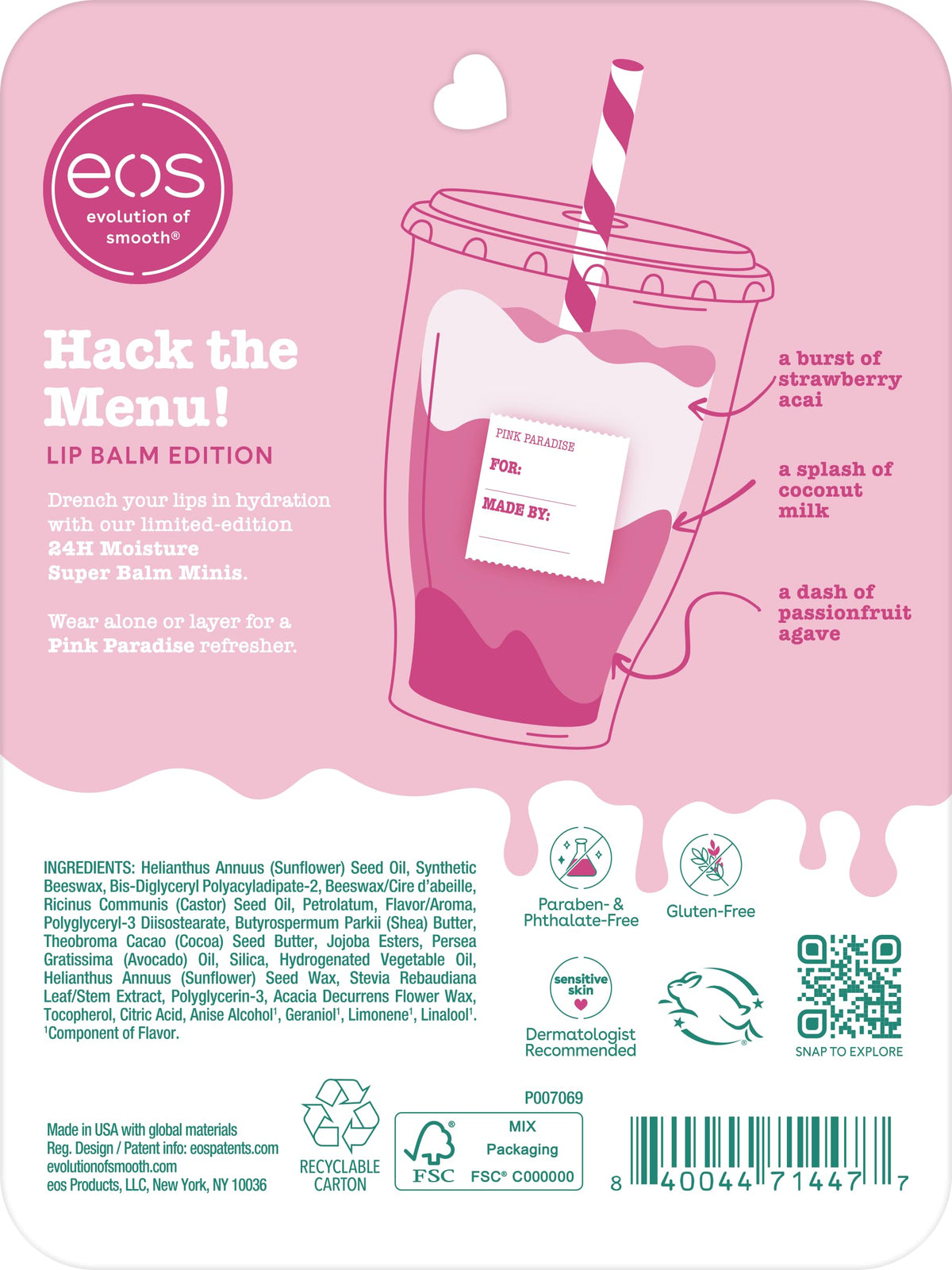 eos Pink Paradise trio laid in a handbag illustrating on-the-go hydration and style