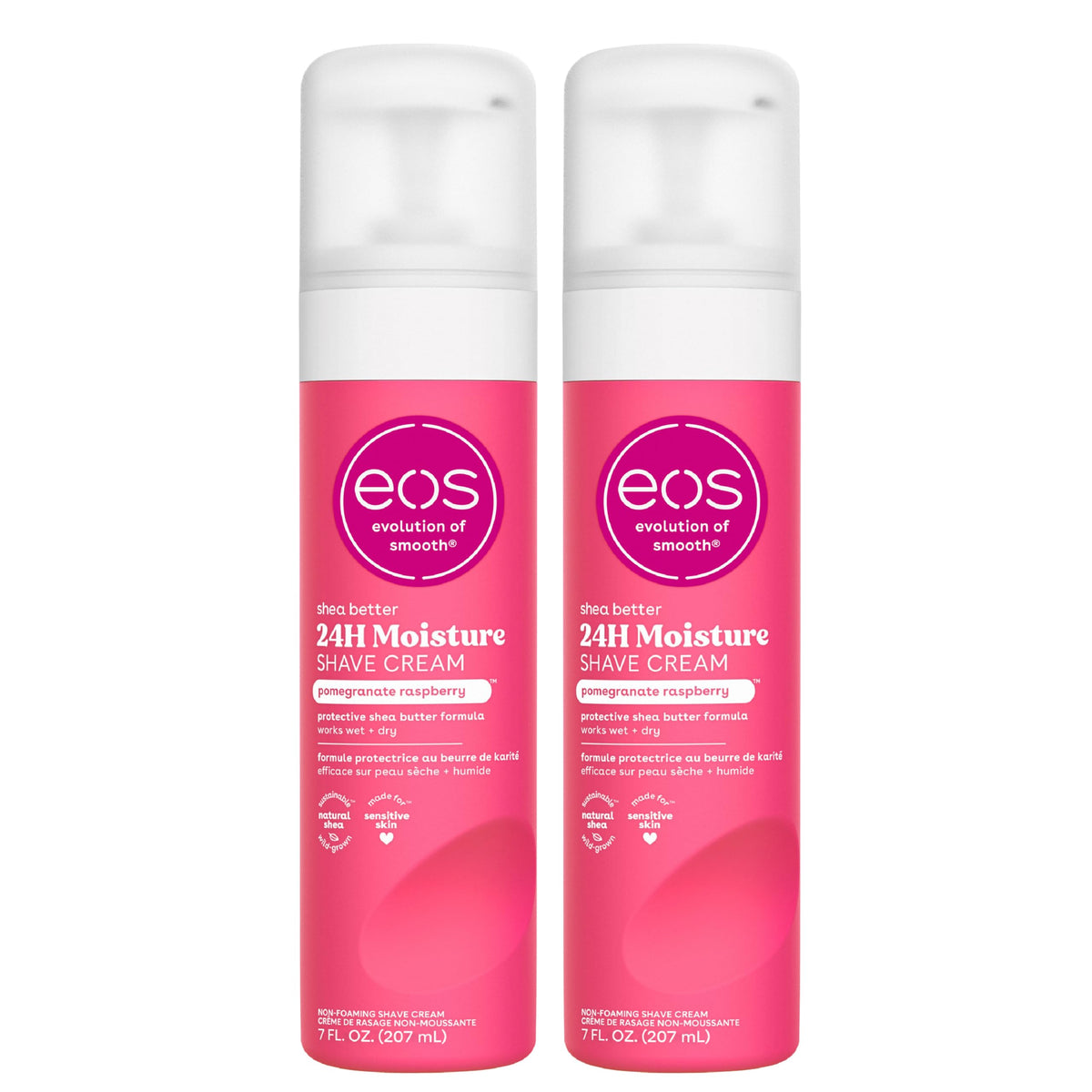eos front packaging showing pomegranate raspberry scent and two-pack benefits