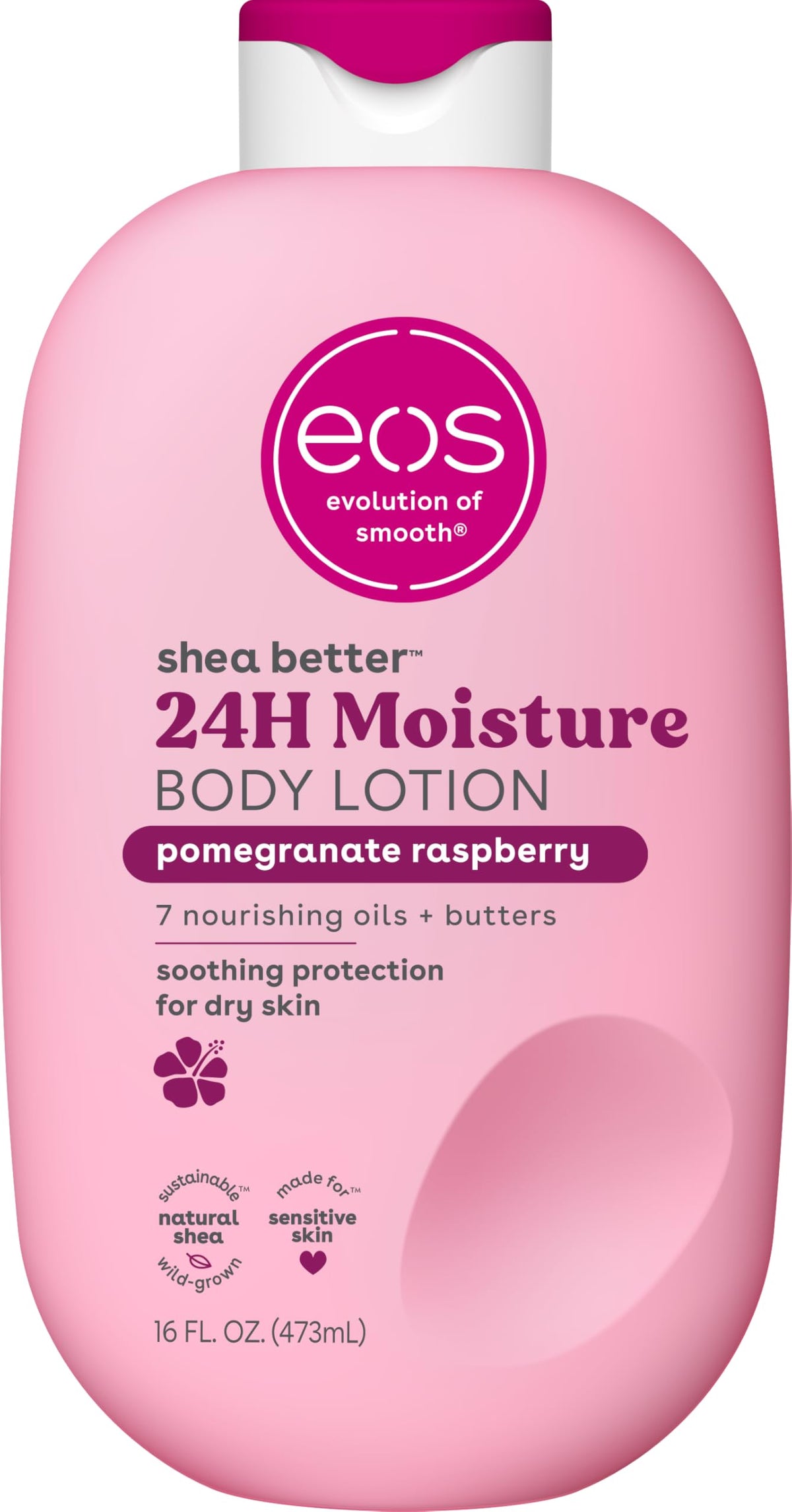 eos front packaging showing pomegranate raspberry scent and 16 fl oz benefit