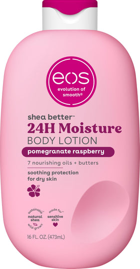 eos front packaging showing pomegranate raspberry scent and 16 fl oz benefit