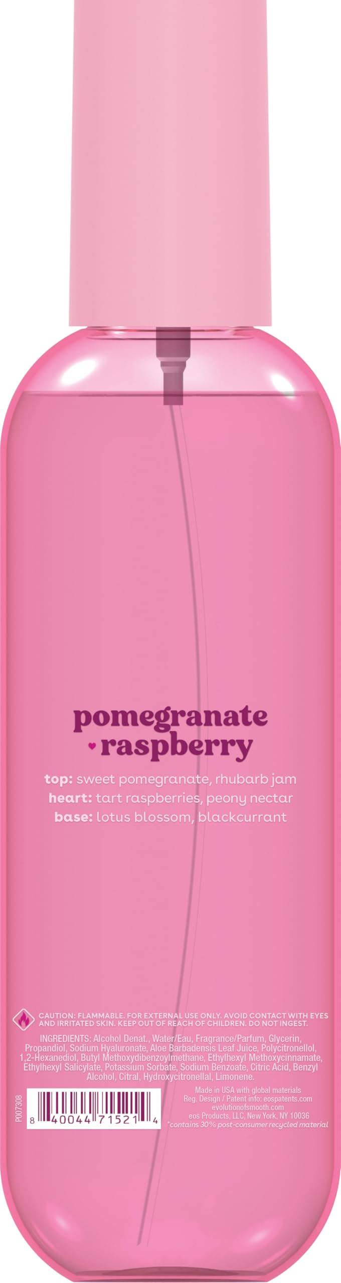 eos ingredients label showing vegan cruelty-free formula and skin-friendly actives