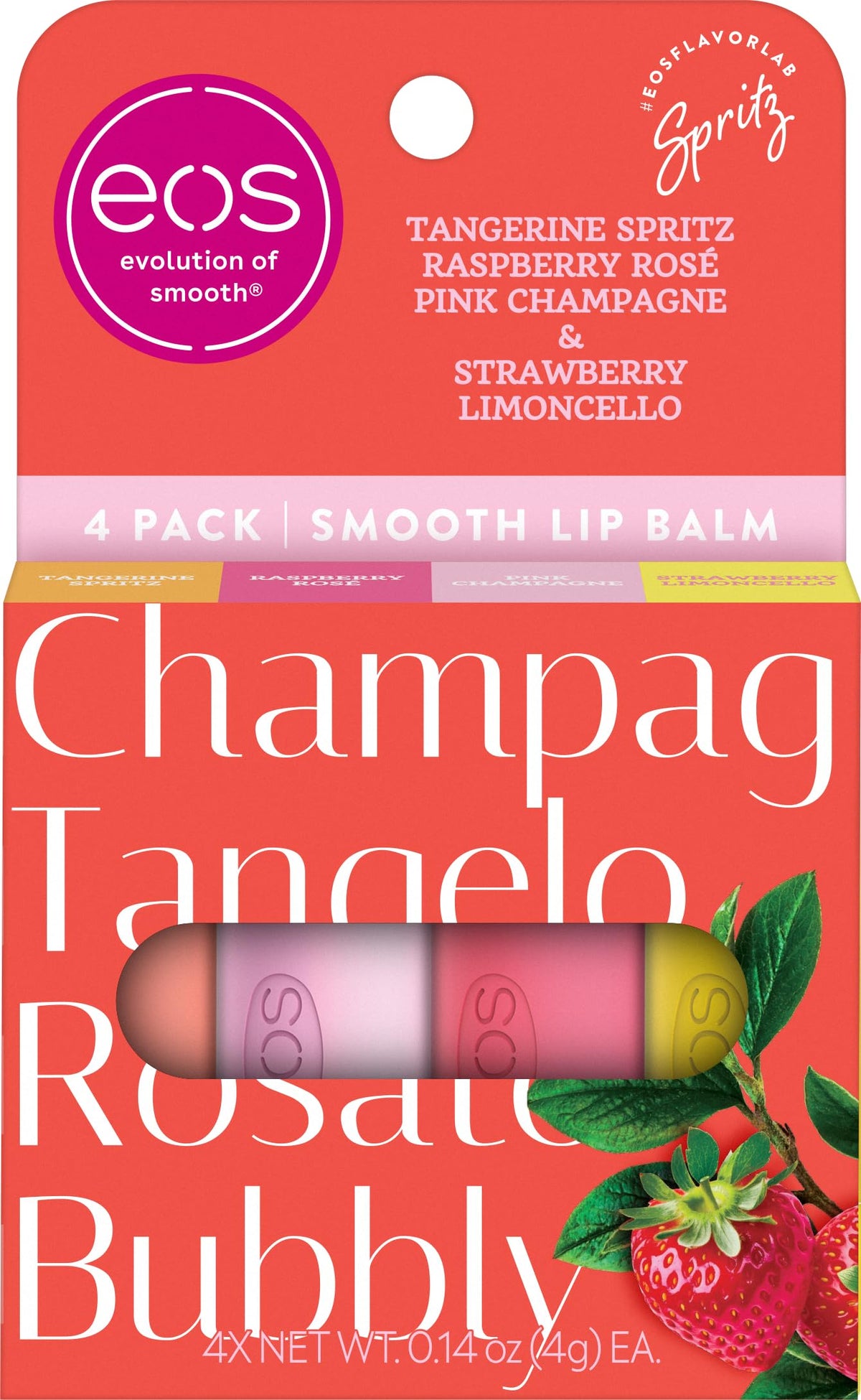 eos Seaside Spritz pack front showing four balm rounds and flavors, hydration on the go