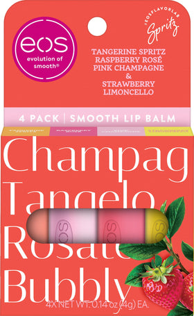 eos Seaside Spritz pack front showing four balm rounds and flavors, hydration on the go