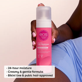 eos shaving cream applied to hand demonstrating smooth application benefit