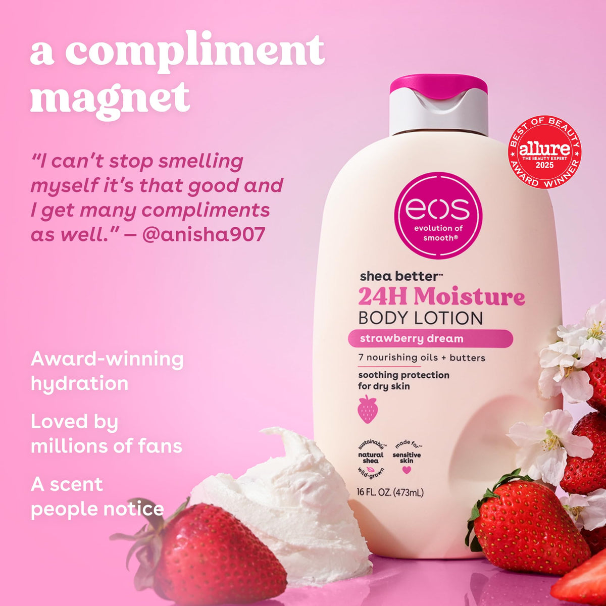 eos lotion texture close-up showing creamy non-greasy absorption