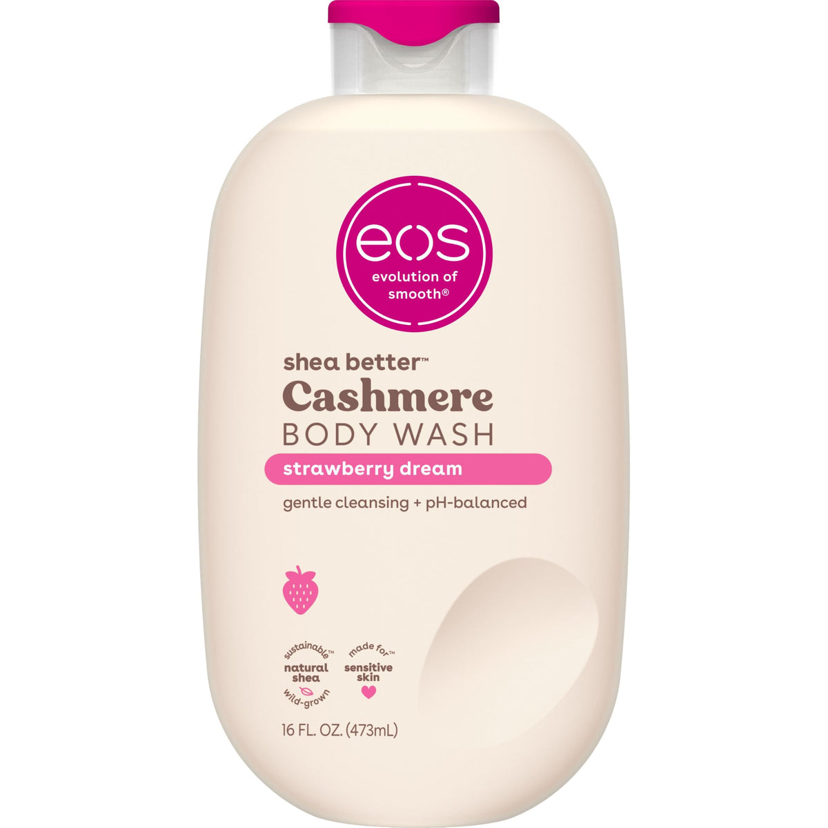 eos bottle front view showing Strawberry Dreams scent and moisturizing benefit