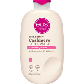 eos bottle front view showing Strawberry Dreams scent and moisturizing benefit
