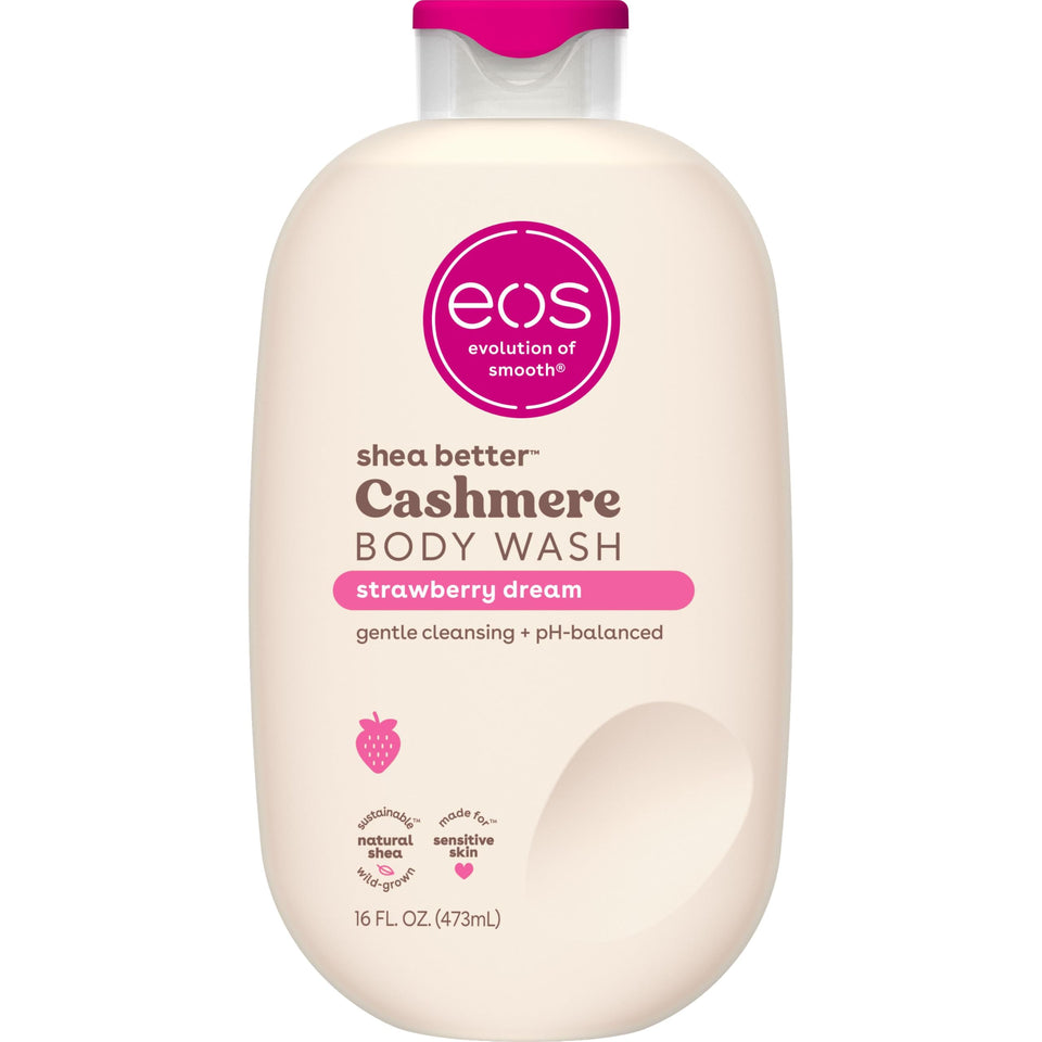 eos bottle front view showing Strawberry Dreams scent and moisturizing benefit