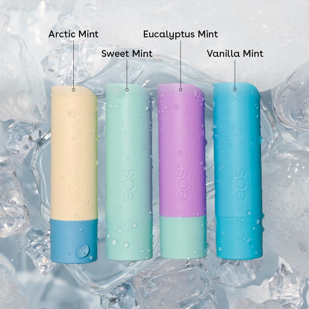 eos open tin top view of Vanilla Mint balm showing smooth texture and easy application benefit