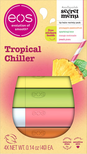 eos front packaging showing four tropical-flavored balms and bright gift-ready design