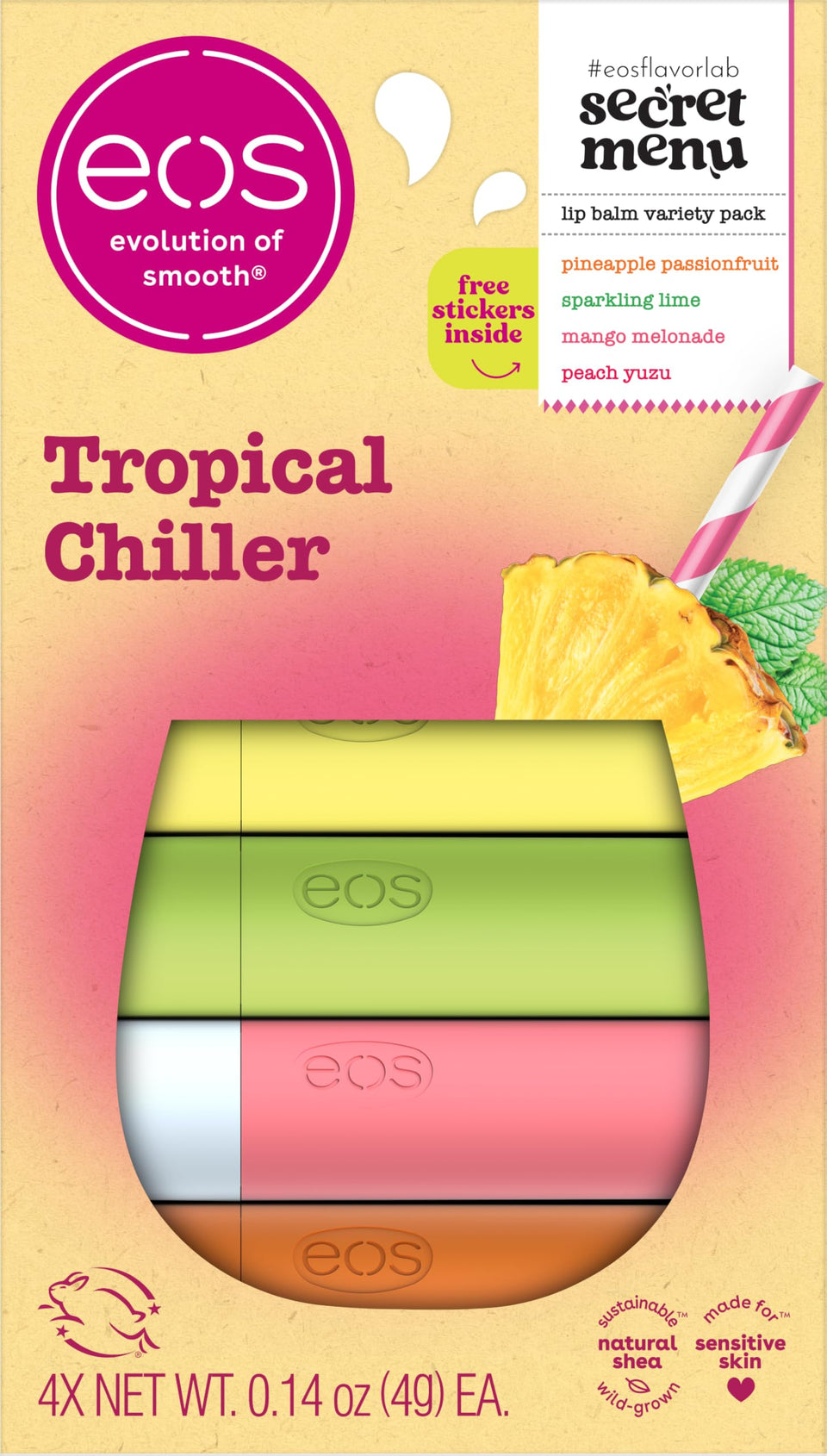 eos front packaging showing four tropical-flavored balms and bright gift-ready design