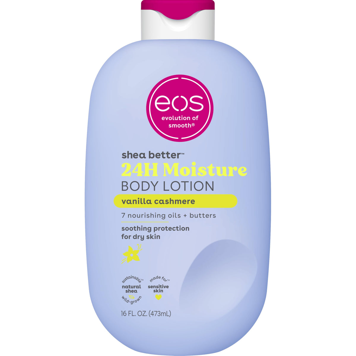 eos front bottle shot showing Vanilla Cashmere and fast absorption benefit