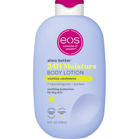 eos front bottle shot showing Vanilla Cashmere and fast absorption benefit
