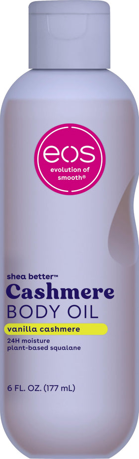 eos bottle front view showing vanilla cashmere branding and hydrating oil benefit