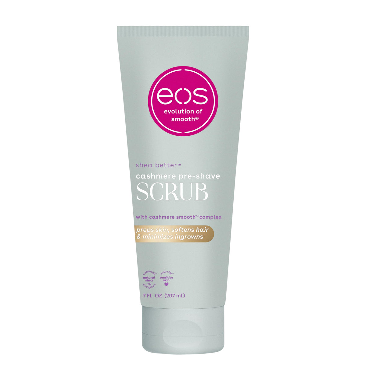 eos Vanilla Cashmere scrub front packaging showing jar and label for an inviting pre-shave step