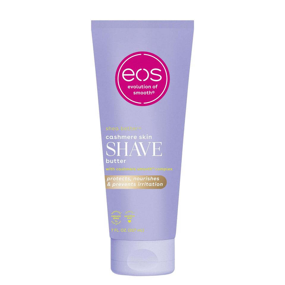 eos vanilla cashmere front packaging showing bottle and cap benefits visible