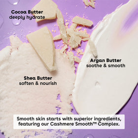 eos Vanilla Cashmere shea cocoa argan butter trio highlighting nourishing ingredients
