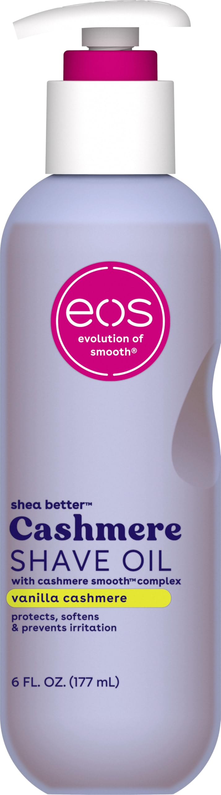 eos bottle front packaging showing vanilla cashmere scent and benefit