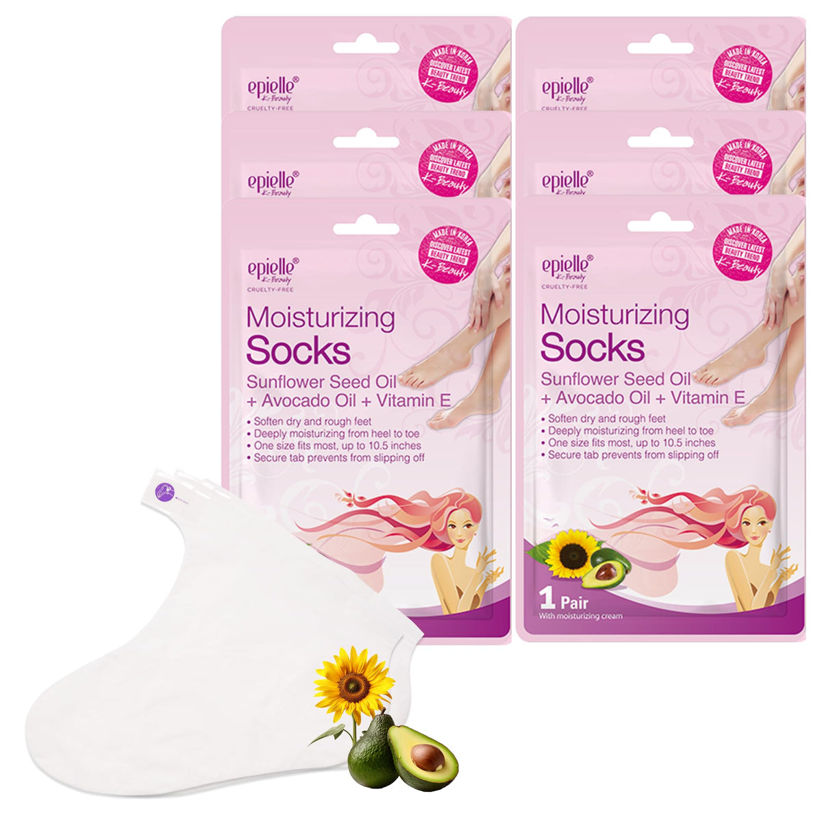 Epielle front packaging showing six pairs and benefits for hydrated feet