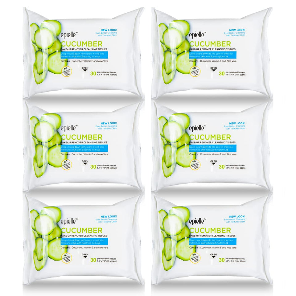 Epielle front packaging of cucumber wipes showing 30-count pack and benefits