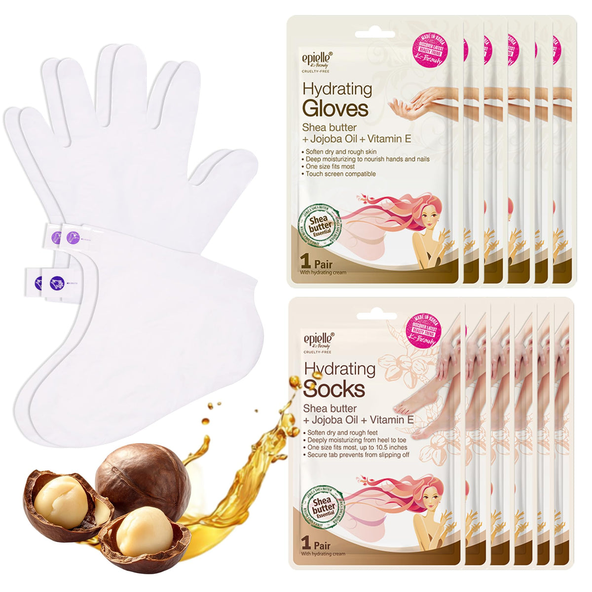 Epielle front packaging showing gloves and socks and clear product benefit