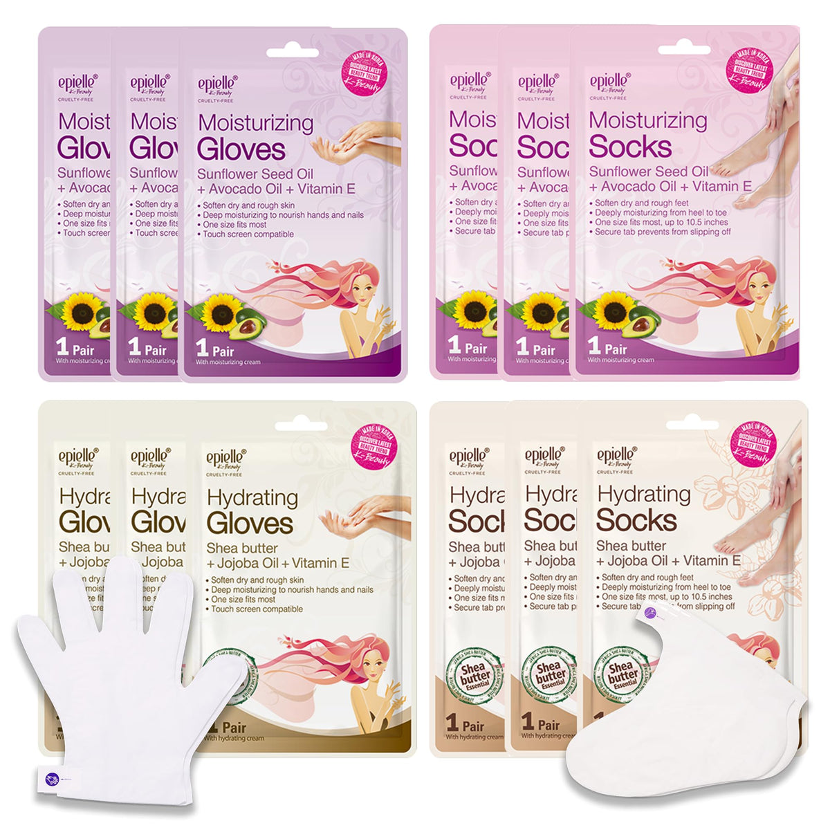 Epielle front packaging showing gloves and socks for quick hydration benefit