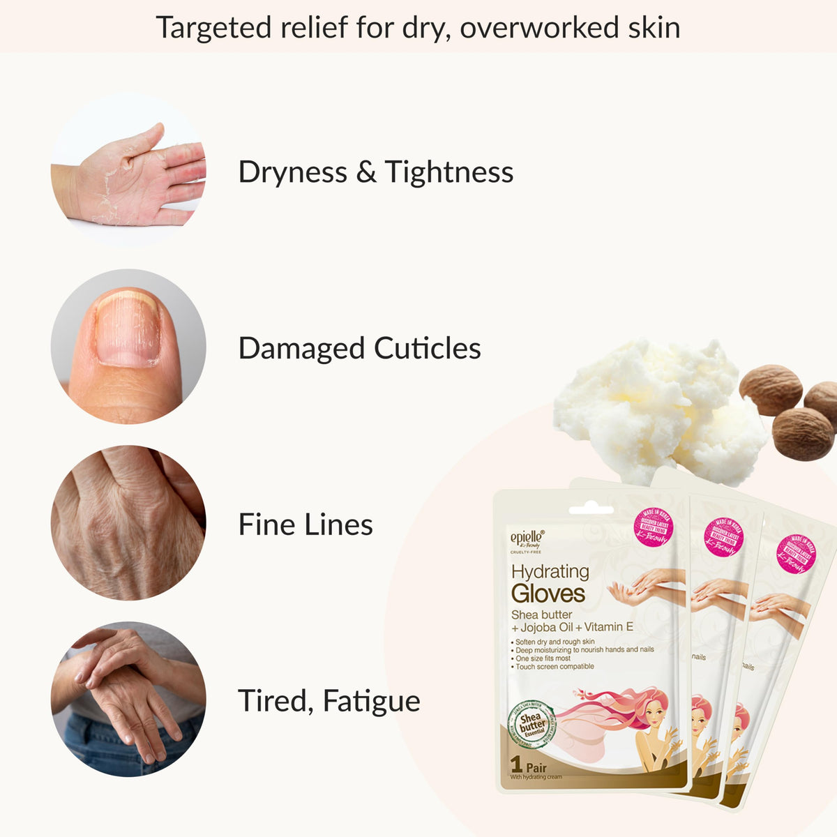 Hands wearing Epielle moisturizing gloves during treatment, promoting softer skin