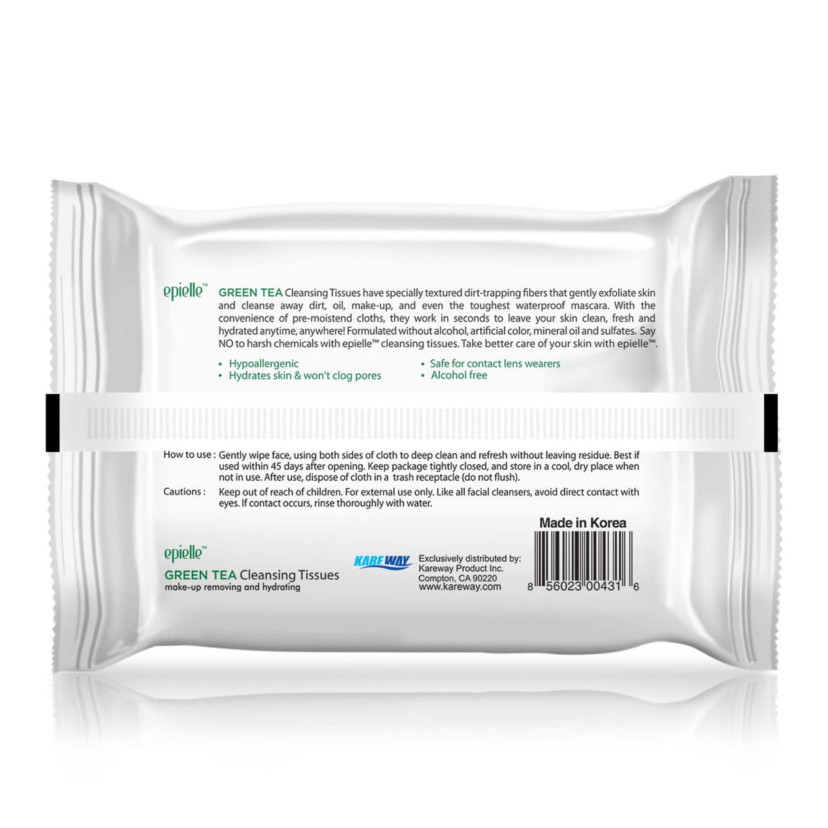 Epielle ingredient label closeup displaying green tea extract and gentle formula benefits