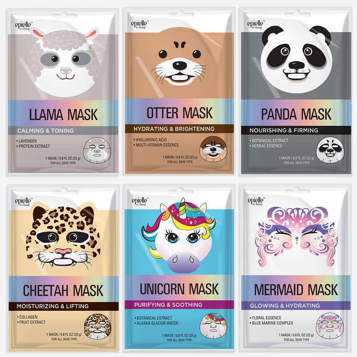 Epielle front packaging showing six mystical safari character masks and gift-ready look
