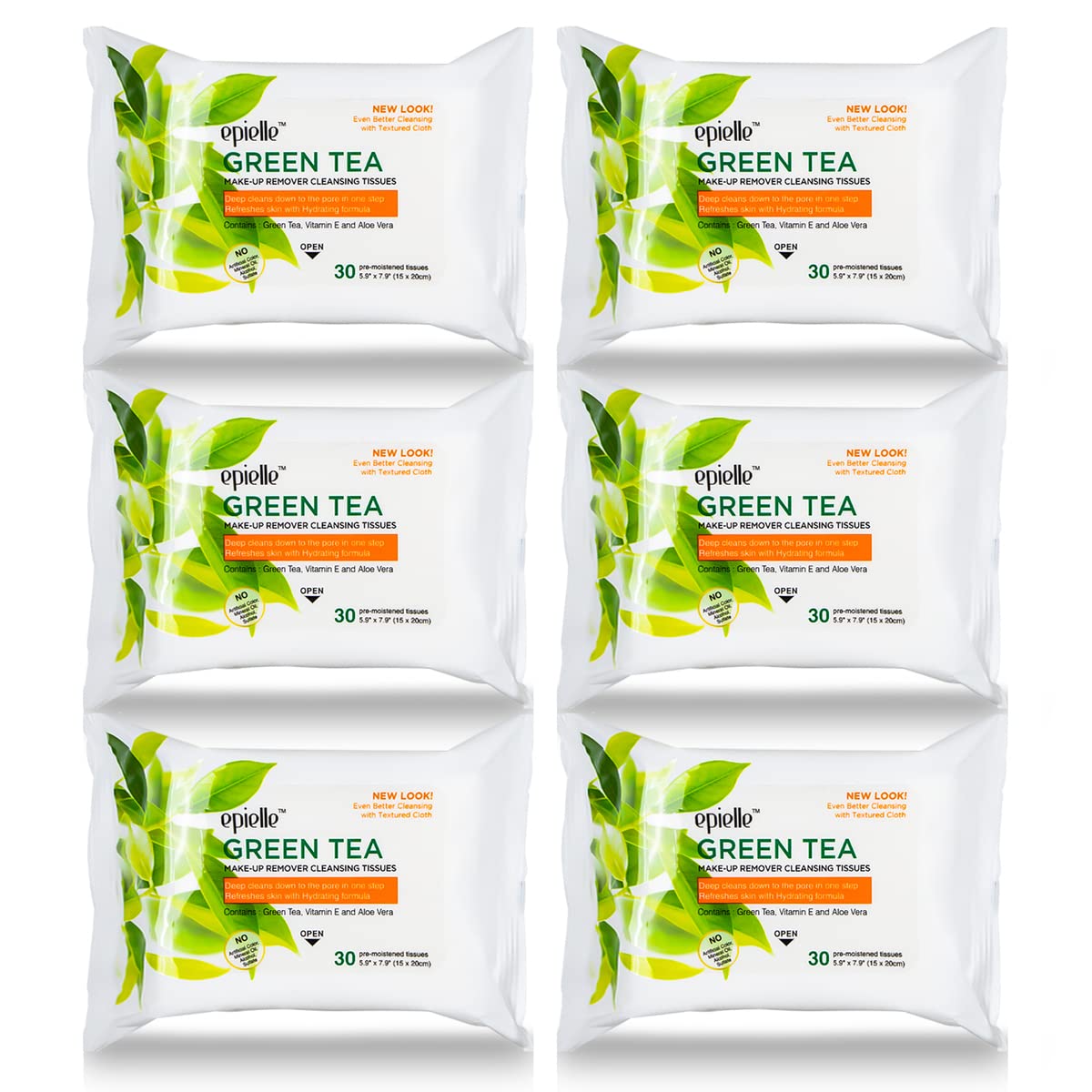 Epielle pack front view showing 30-count pack and green tea branding for easy identification