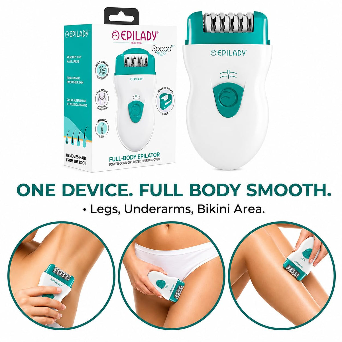 Epilady kit accessories laid out including cord and cleaning brush for simple upkeep
