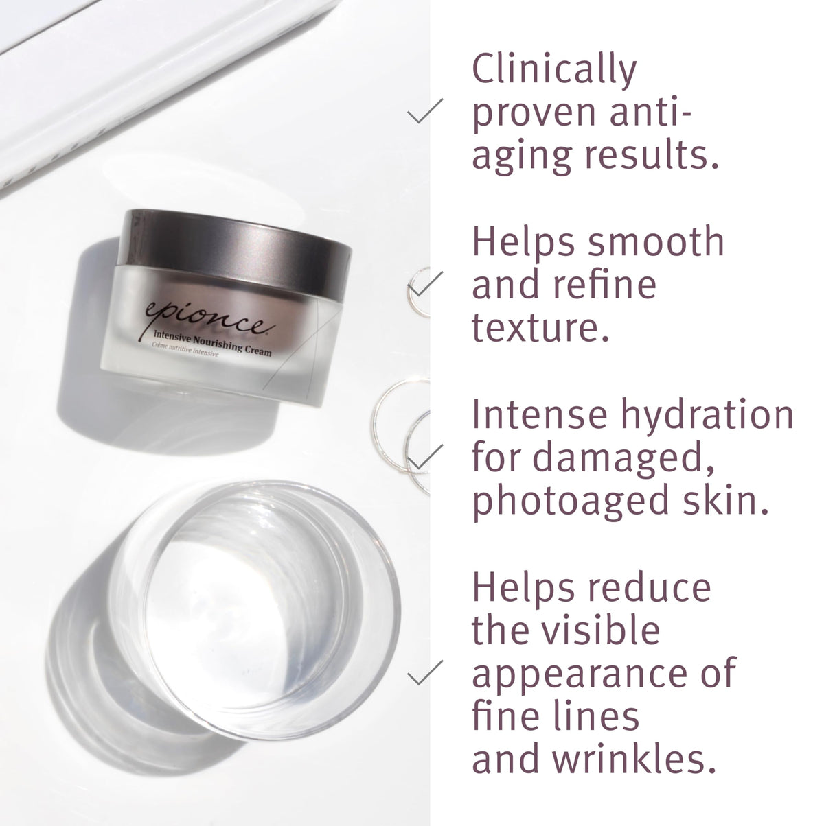 Open jar of Epionce Intensive Nourishing Cream revealing dense balm to provide long-lasting comfort