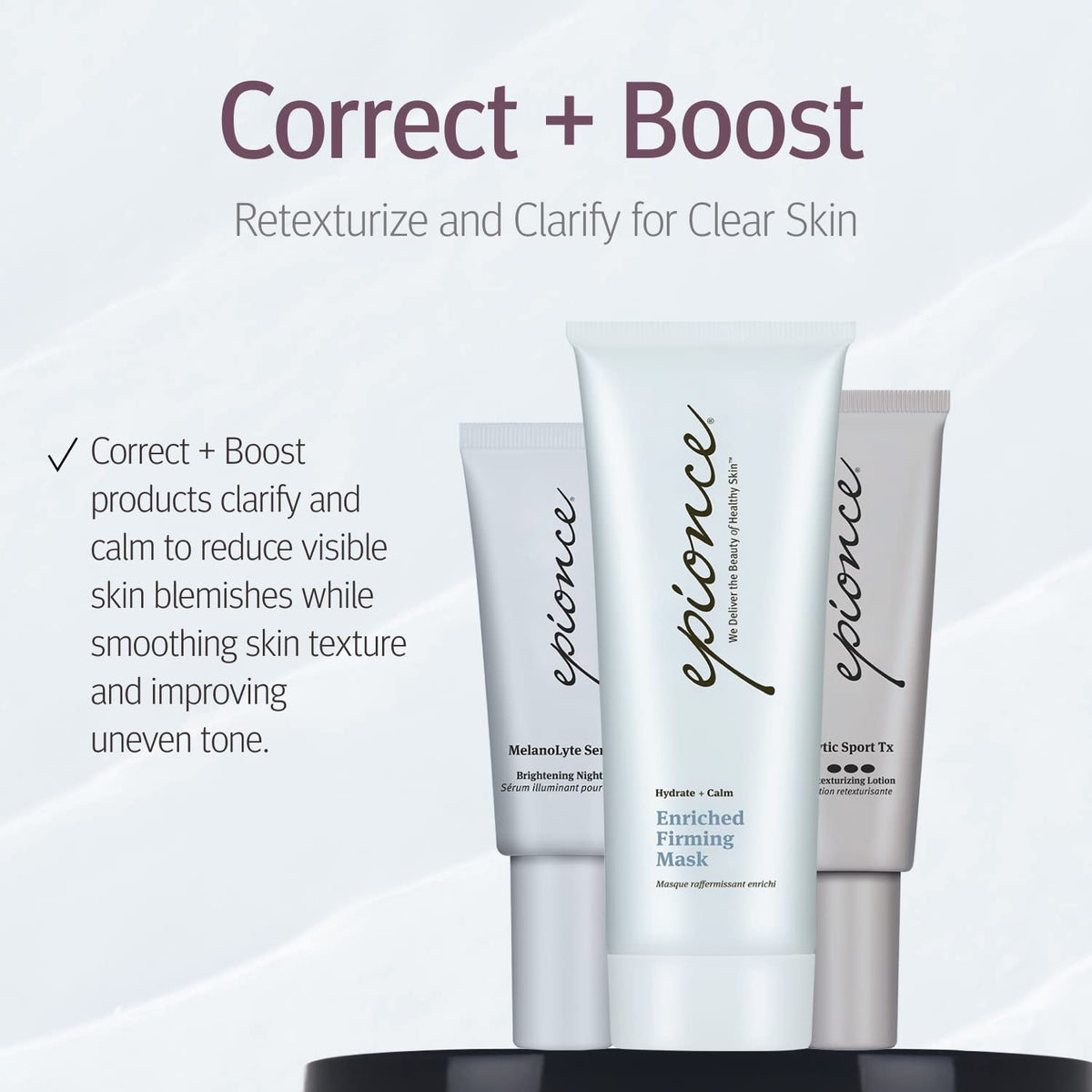 Epionce model wearing mask showing calming, smoothing overnight benefit