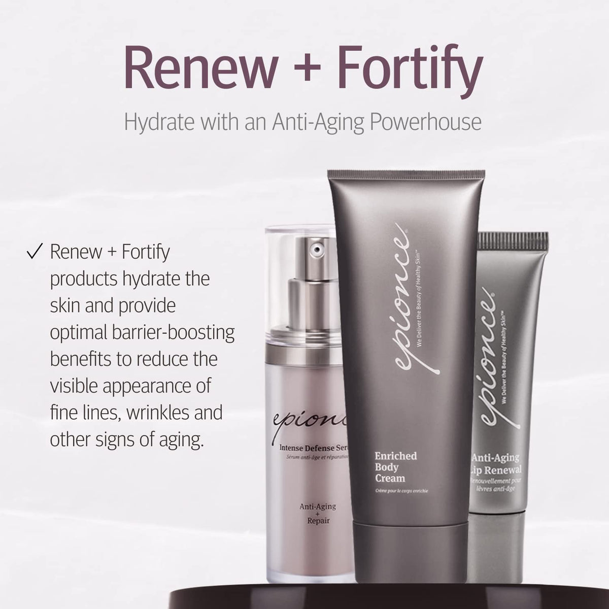 Epionce Renewal Facial Lotion beside sunscreen showing ideal AM routine pairing