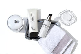 Epionce on bathroom shelf styled for daily routine and aesthetic organization