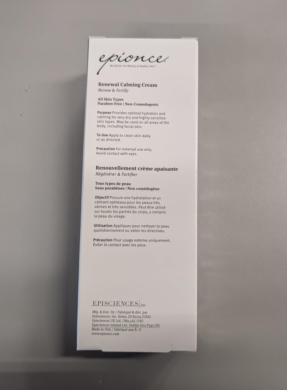 Epionce label close-up showing key ingredients cholesterol and ceramides