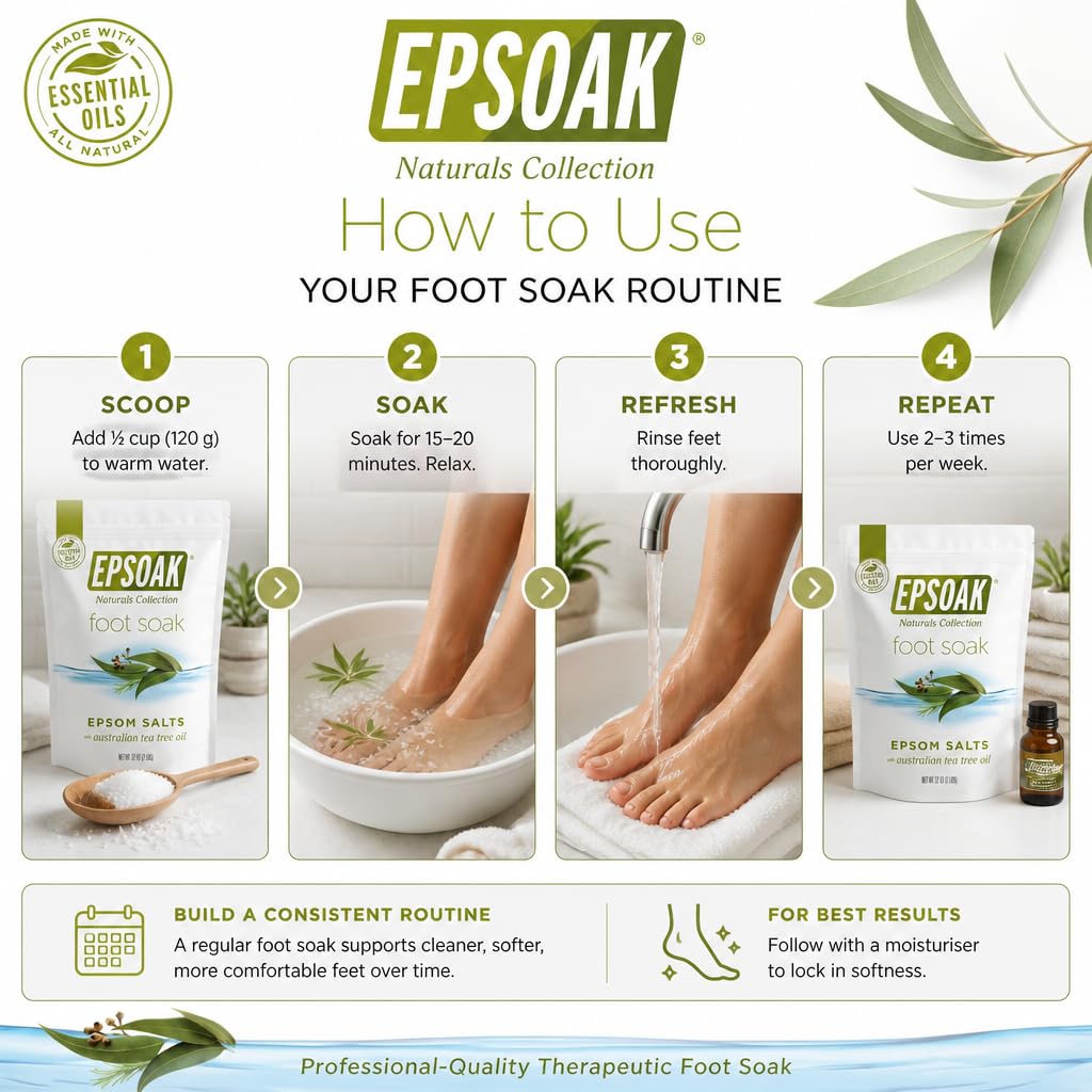 Epsoak tea tree oil droplets on salt emphasizing natural aroma and refreshment