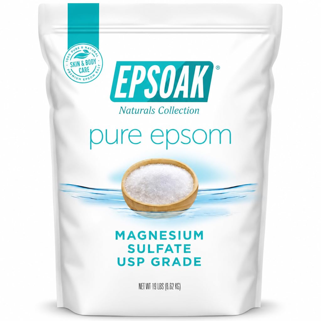Epsoak front packaging showing 19 lb bag and clear product branding benefits
