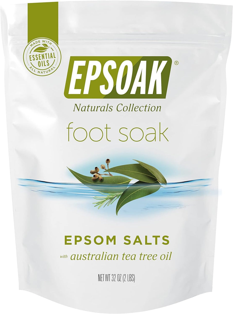 Epsoak front packaging showing 2 lb tea tree foot soak and easy reseal benefit