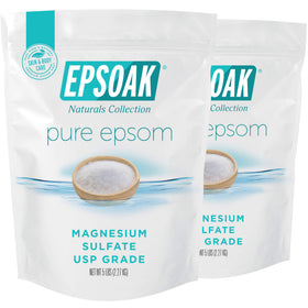 Epsoak front packaging showing two 5 lb resealable bags and clear labeling for convenience