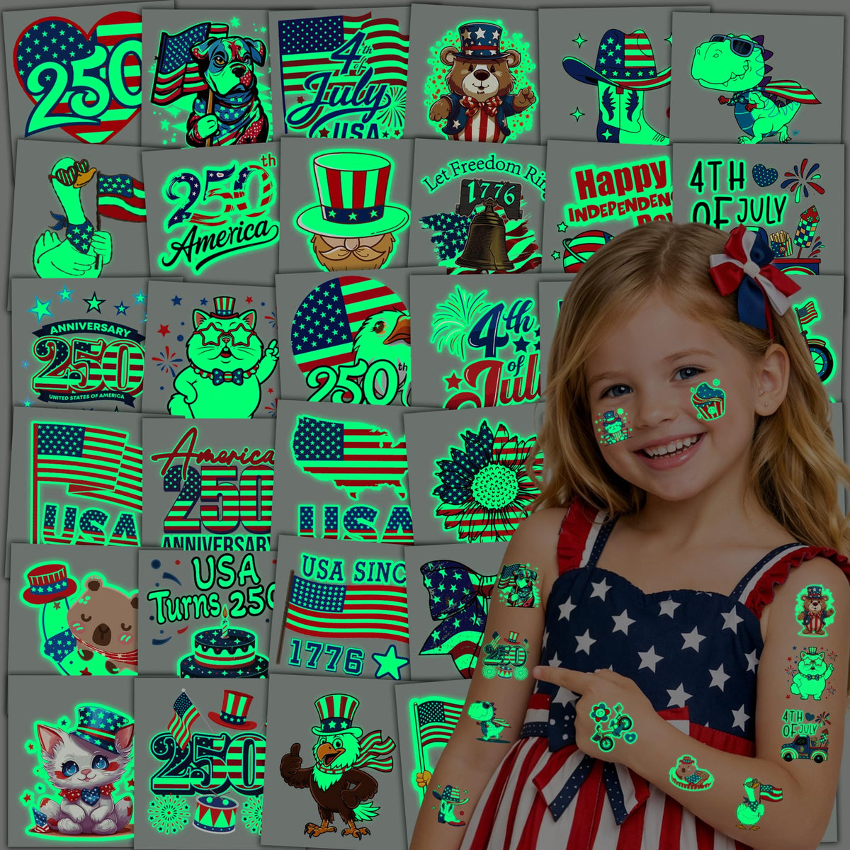 Epuxiael front packaging showing 108pcs patriotic tattoos and easy distribution