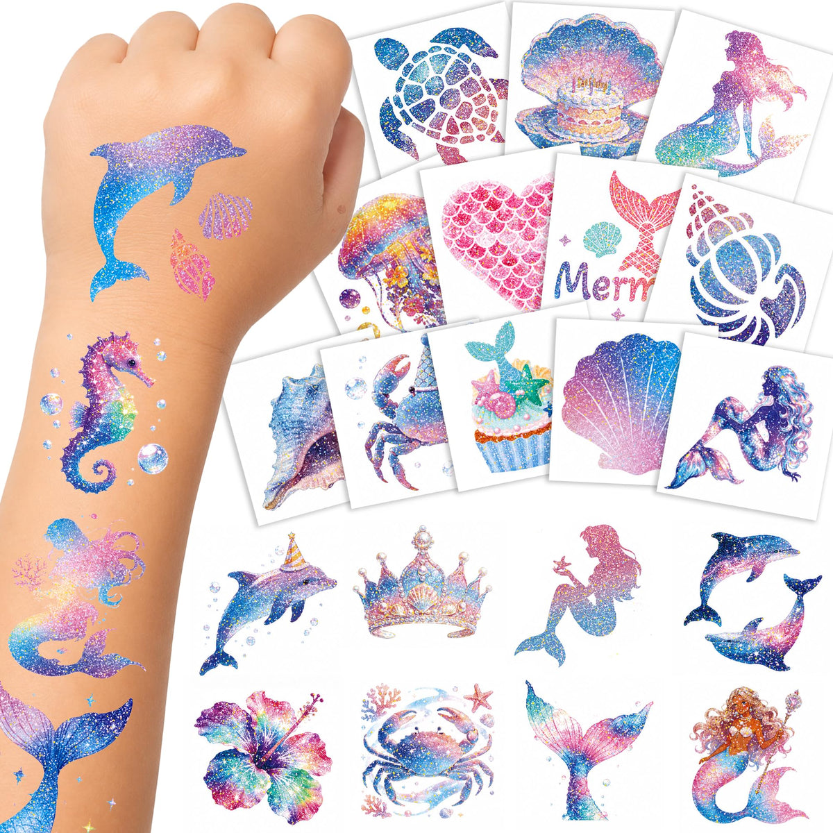Epuxiael front packaging showing 108 glitter mermaid tattoos for party favors