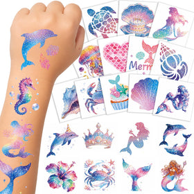 Epuxiael front packaging showing 108 glitter mermaid tattoos for party favors