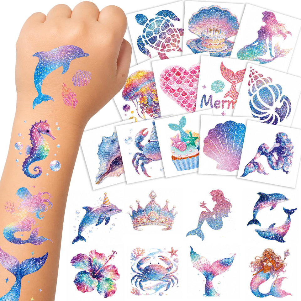 Epuxiael front packaging showing 108 glitter mermaid tattoos for party favors