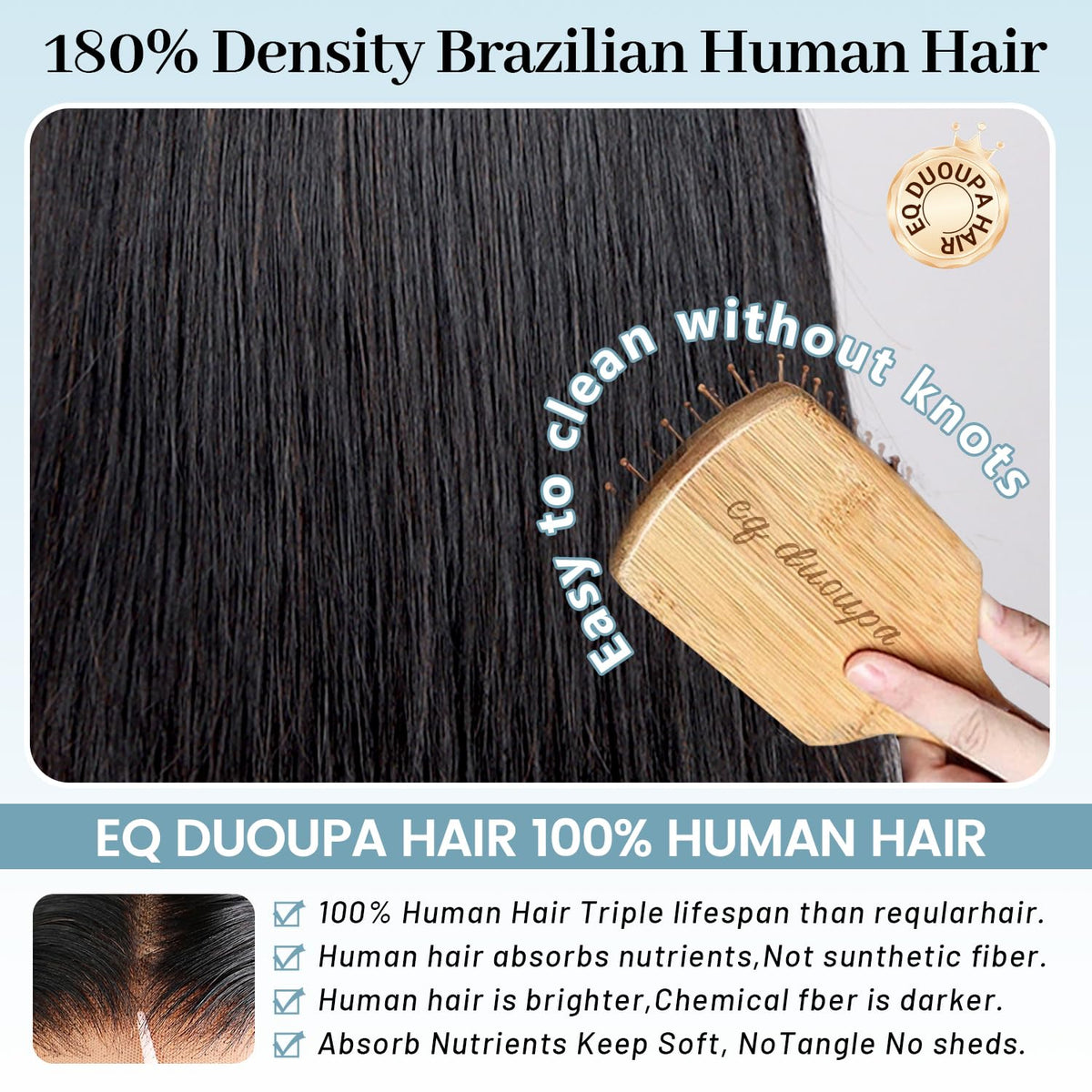 EQ DUOUPA hair texture close-up showing soft Brazilian shine and bounce