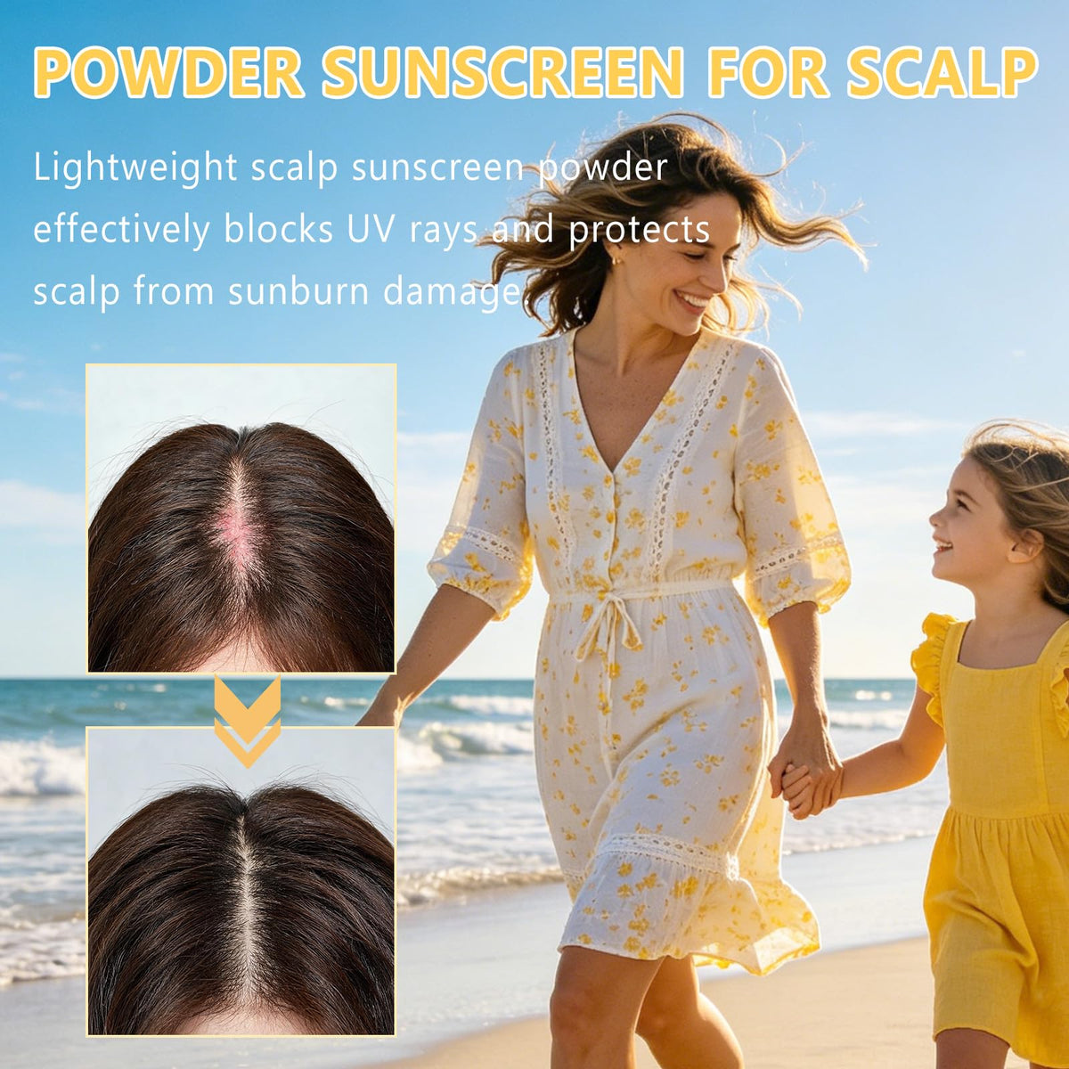 Eqimznv dusted along scalp part for sun protection and reduced shine