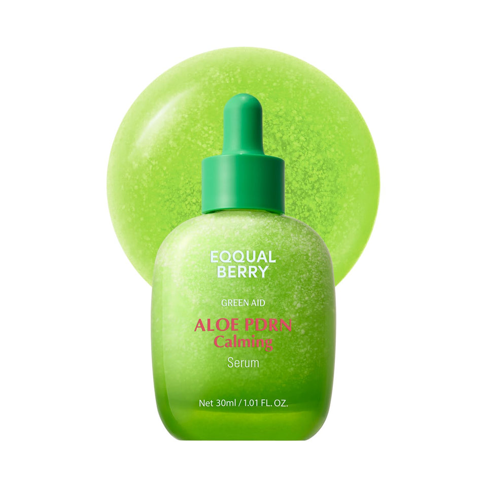 EQQUALBERRY bottle front view showing calming aloe serum and clear labeling for soothing skin