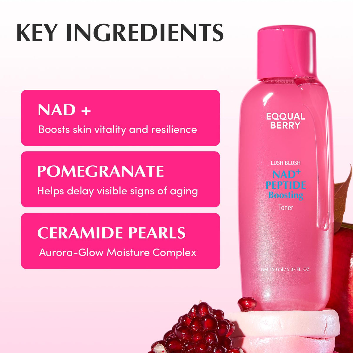 EQQUALBERRY bottle next to ruler showing 150ml scale and travel-friendly benefit